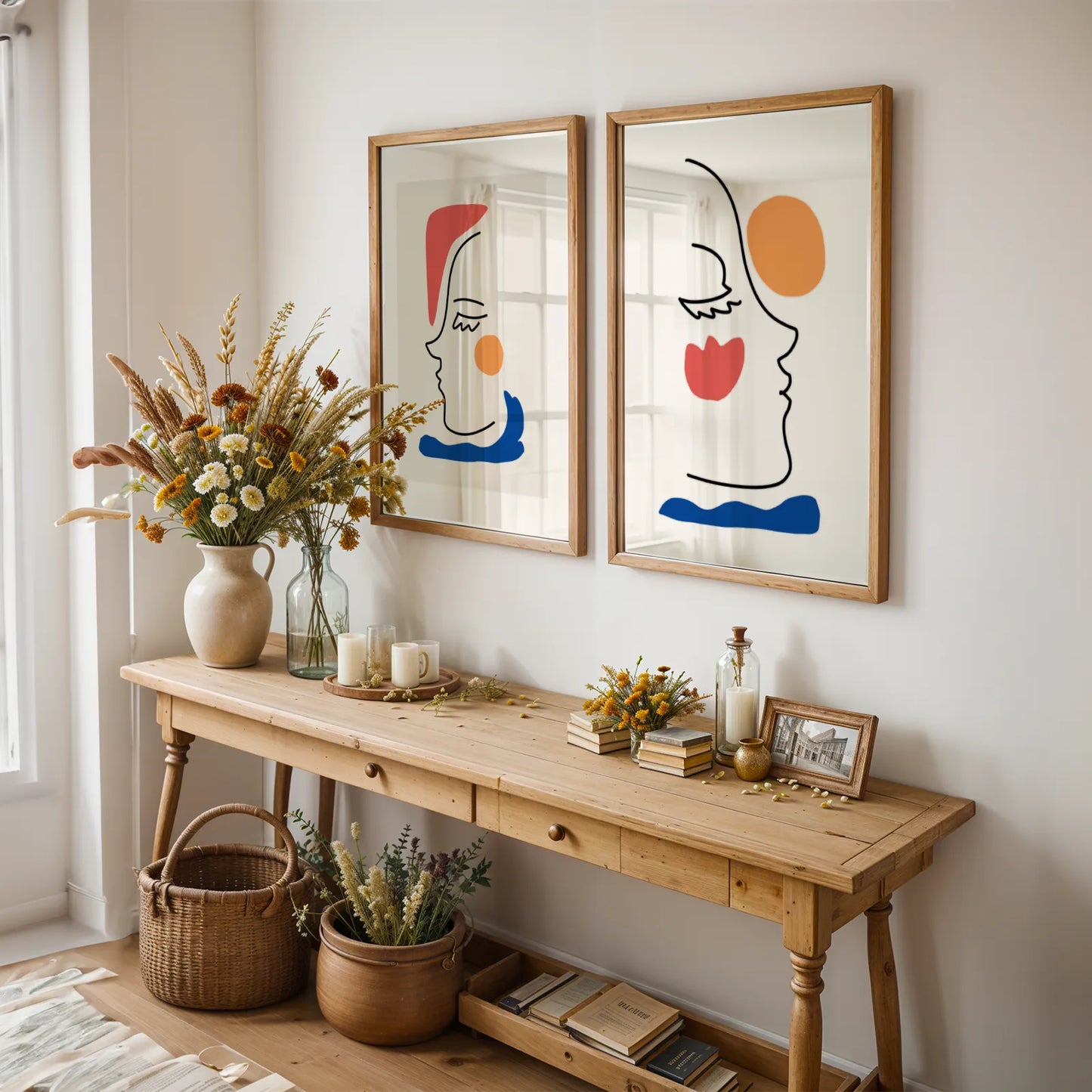 Abstract Line Art, Set of 2, Black & White Mid Century Aesthetic Wall Art