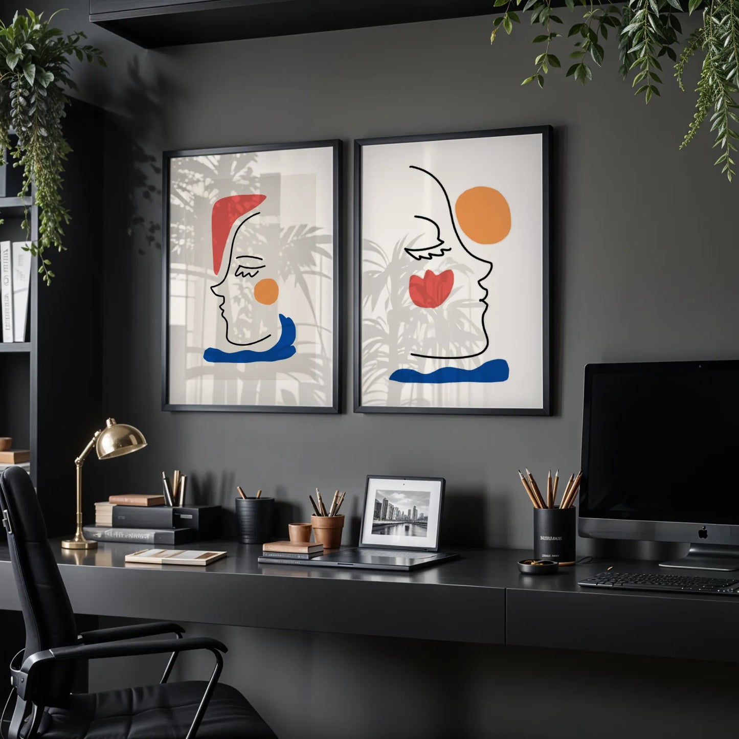Abstract Line Art, Set of 2, Black & White Mid Century Aesthetic Wall Art