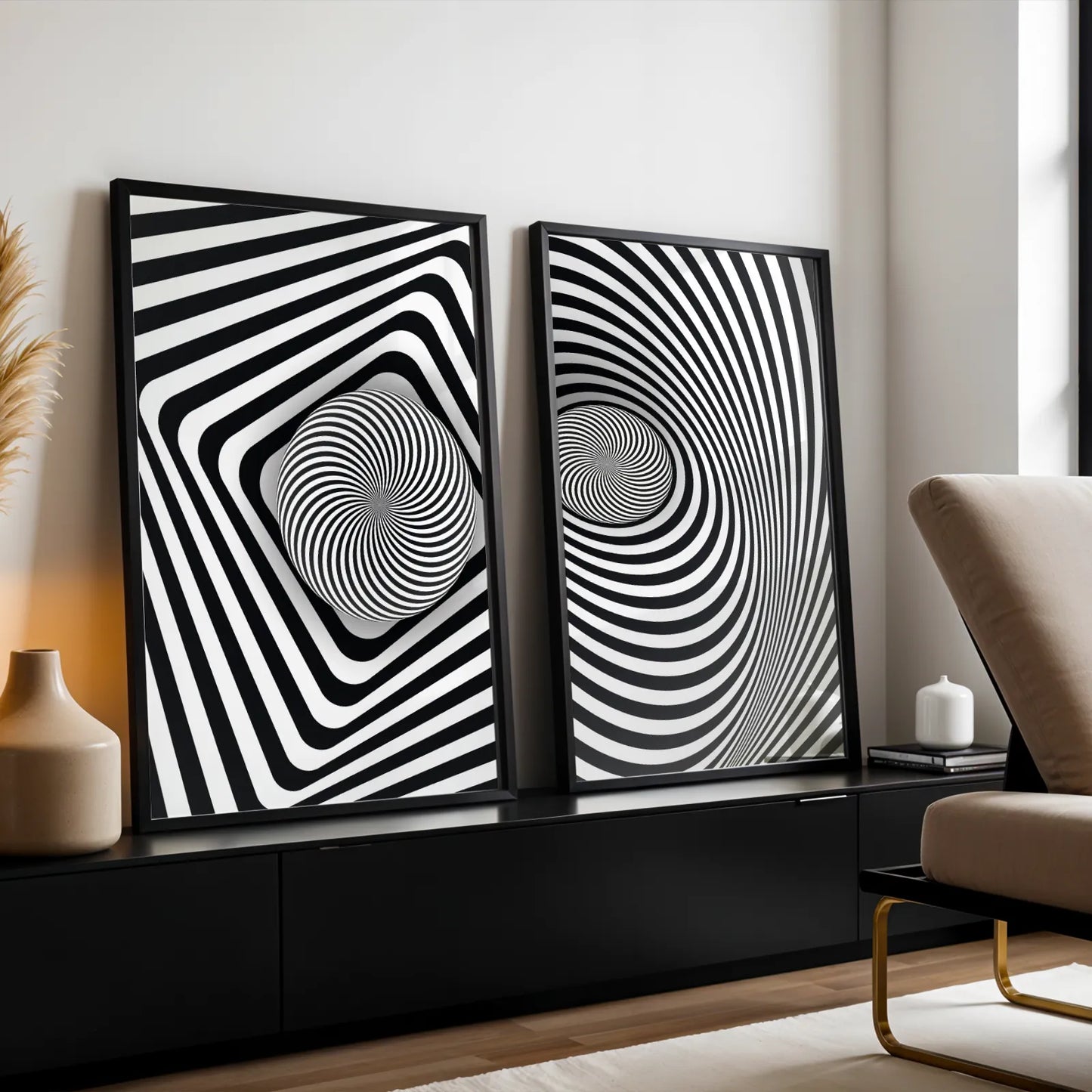 Abstract Line, Set of 2, Black & White Mid Century Aesthetic Wall Art