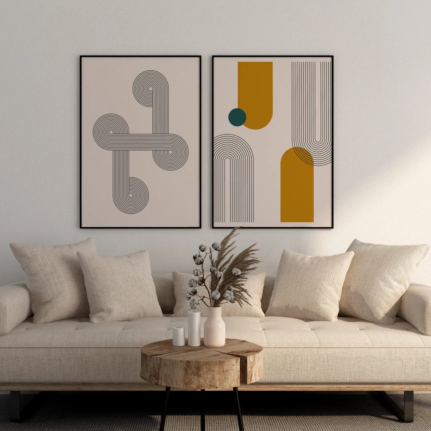 Abstract Lines & Patterns, Set of 2, Black & White Mid Century Aesthetic Wall Art