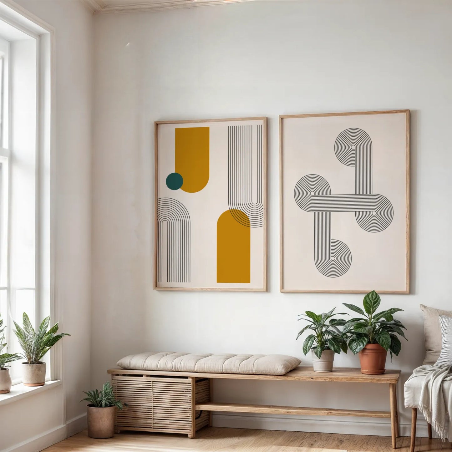 Abstract Lines & Patterns, Set of 2, Black & White Mid Century Aesthetic Wall Art