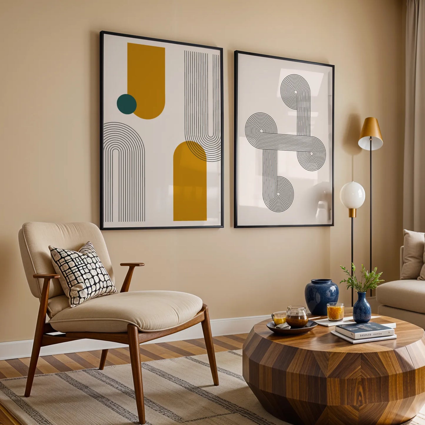 Abstract Lines & Patterns, Set of 2, Black & White Mid Century Aesthetic Wall Art