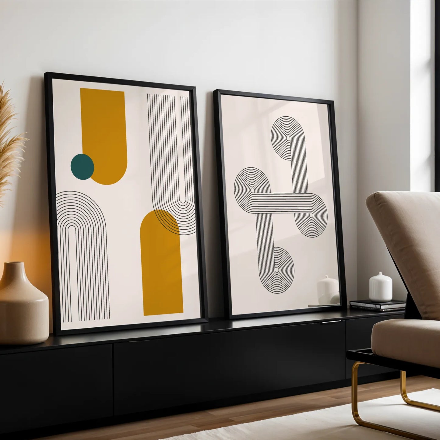 Abstract Lines & Patterns, Set of 2, Black & White Mid Century Aesthetic Wall Art