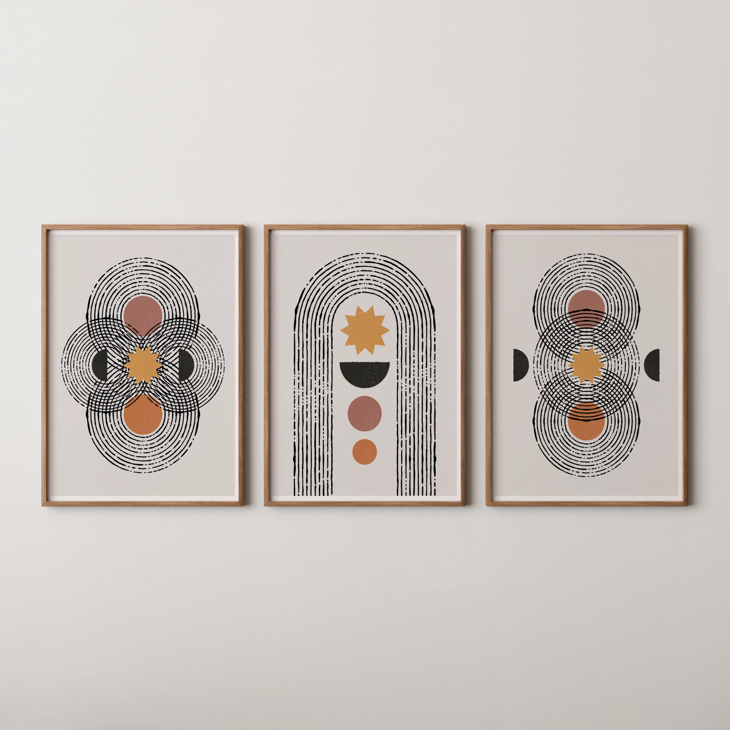 Boho Lines I, Set of 3, Modern Wall Art, Mid Century Vibe