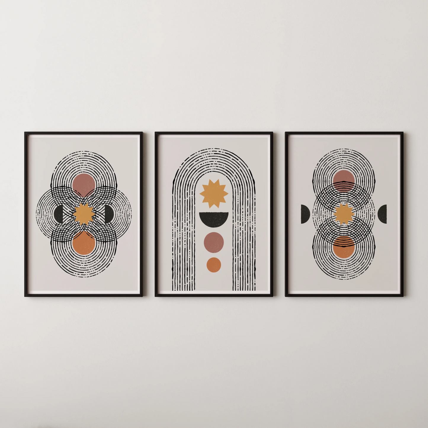 Boho Lines I, Set of 3, Modern Wall Art, Mid Century Vibe