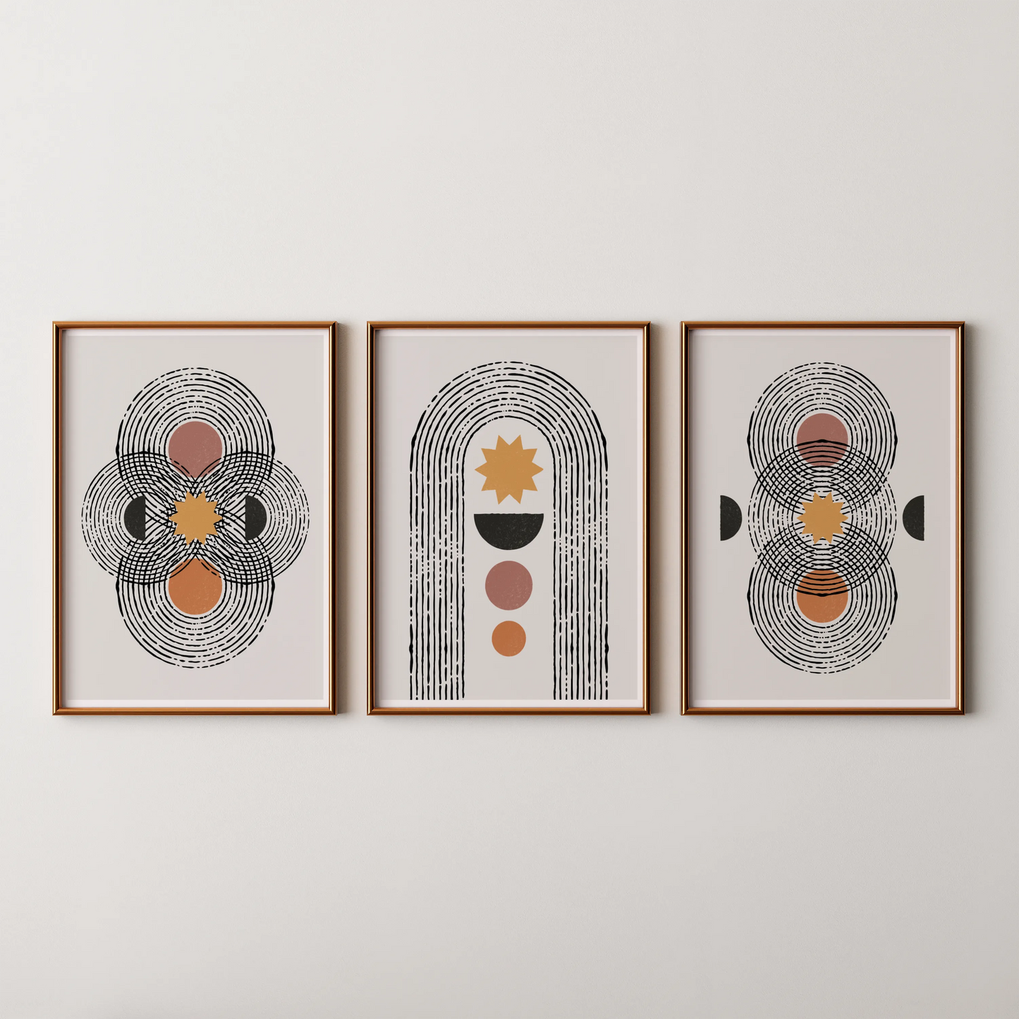 Boho Lines I, Set of 3, Modern Wall Art, Mid Century Vibe