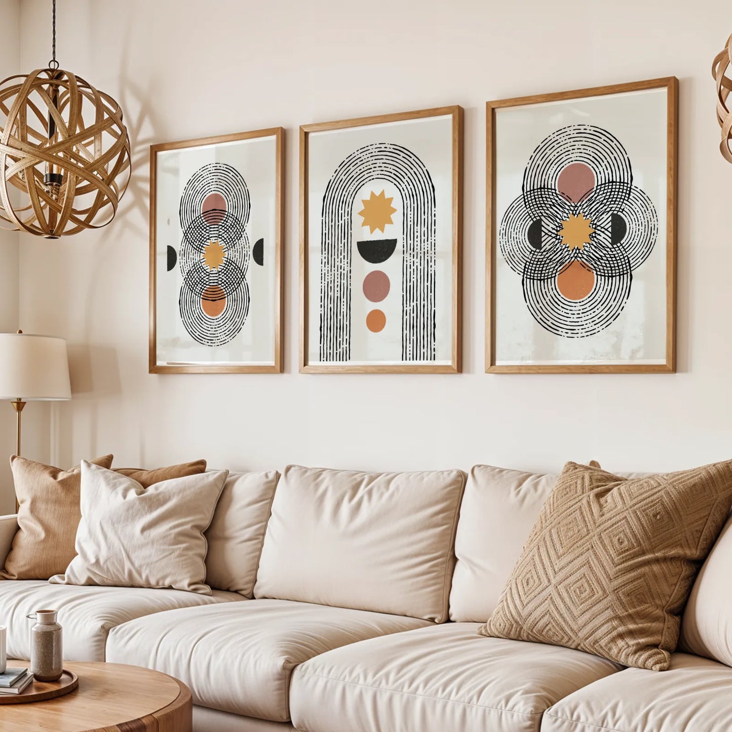Boho Lines I, Set of 3, Modern Wall Art, Mid Century Vibe