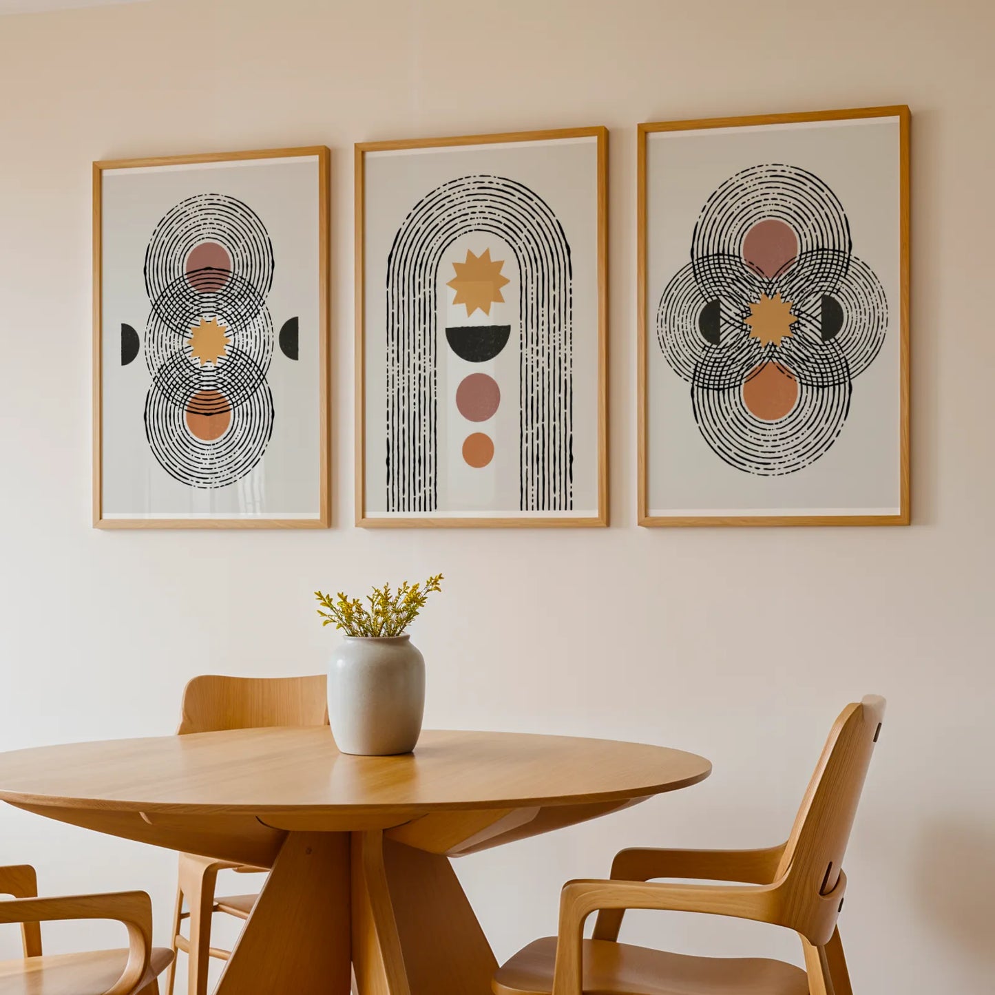 Boho Lines I, Set of 3, Modern Wall Art, Mid Century Vibe