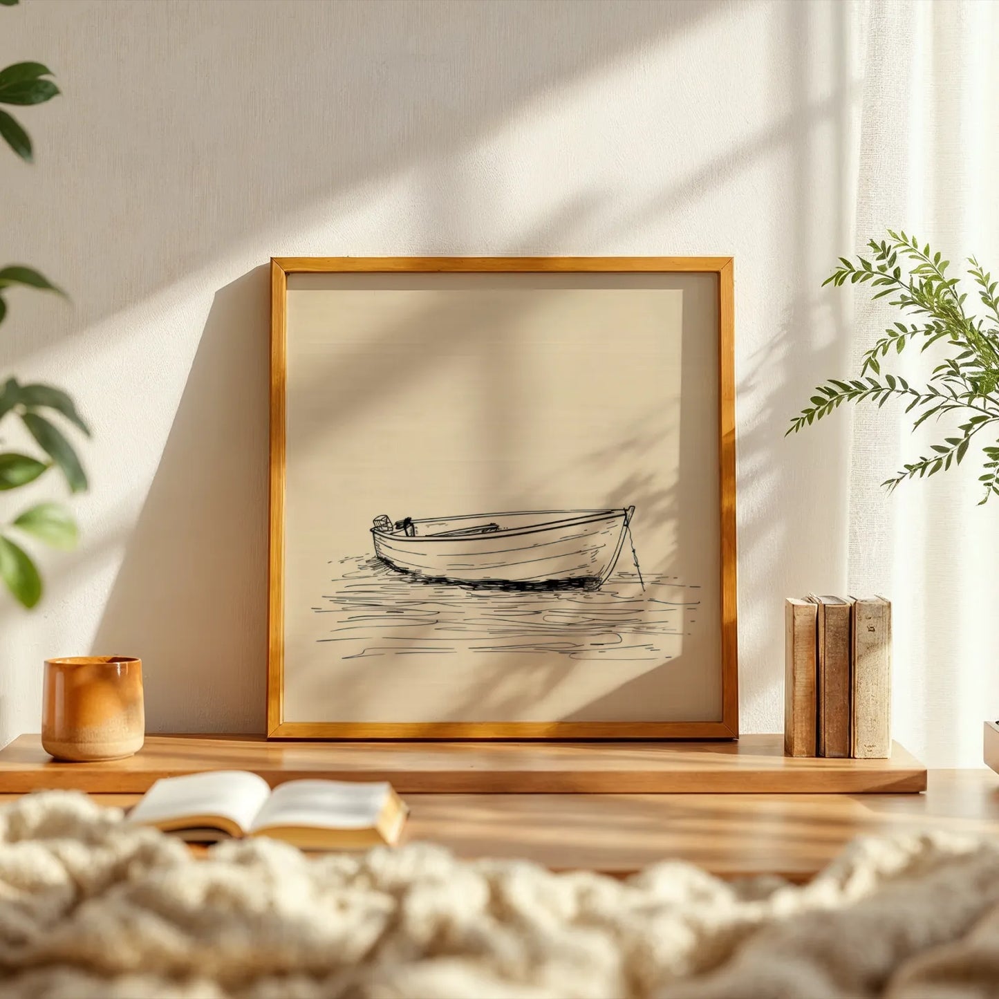 Minimal Boho Boat I, Black & White Mid Century Modern, Boho Art Painting