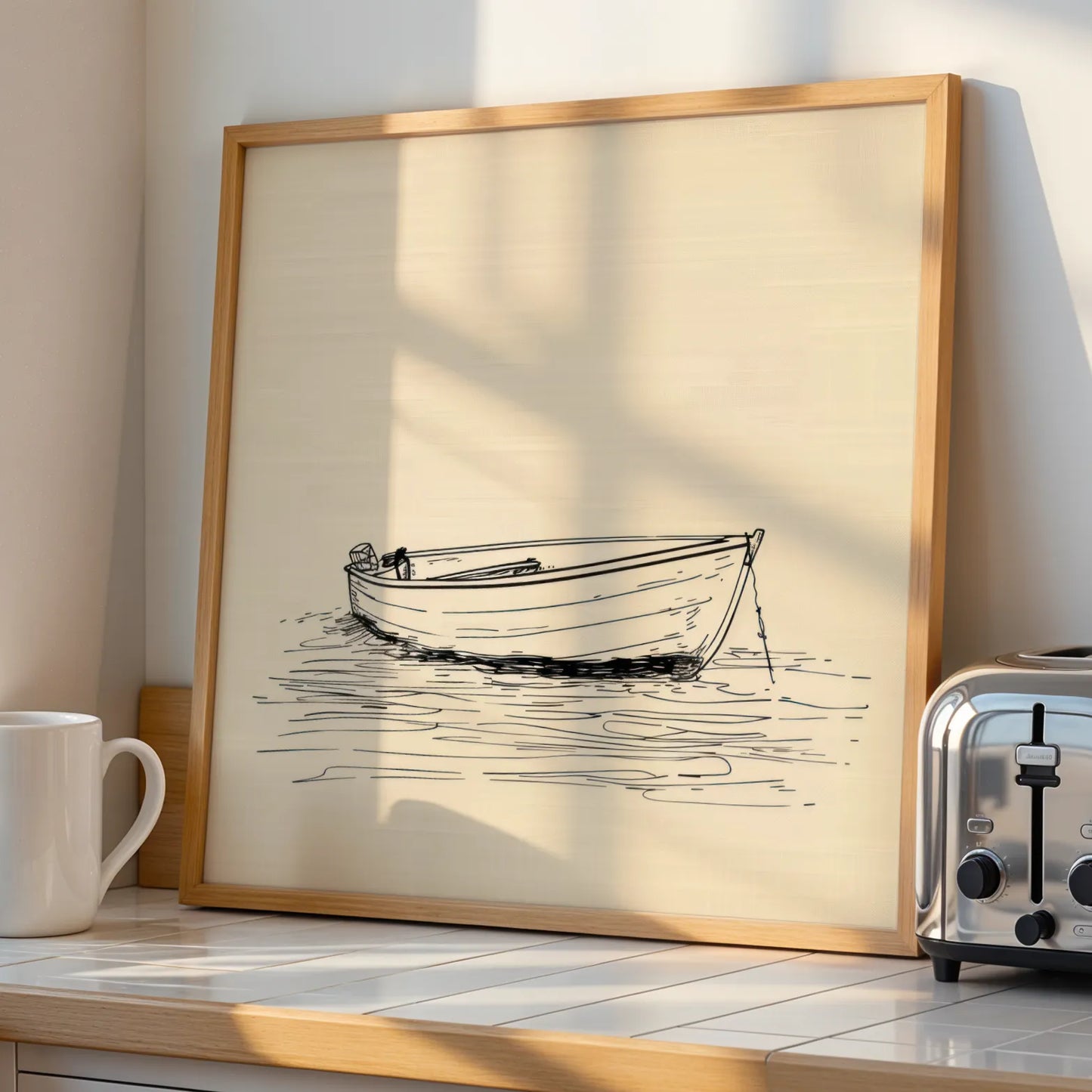 Minimal Boho Boat I, Black & White Mid Century Modern, Boho Art Painting