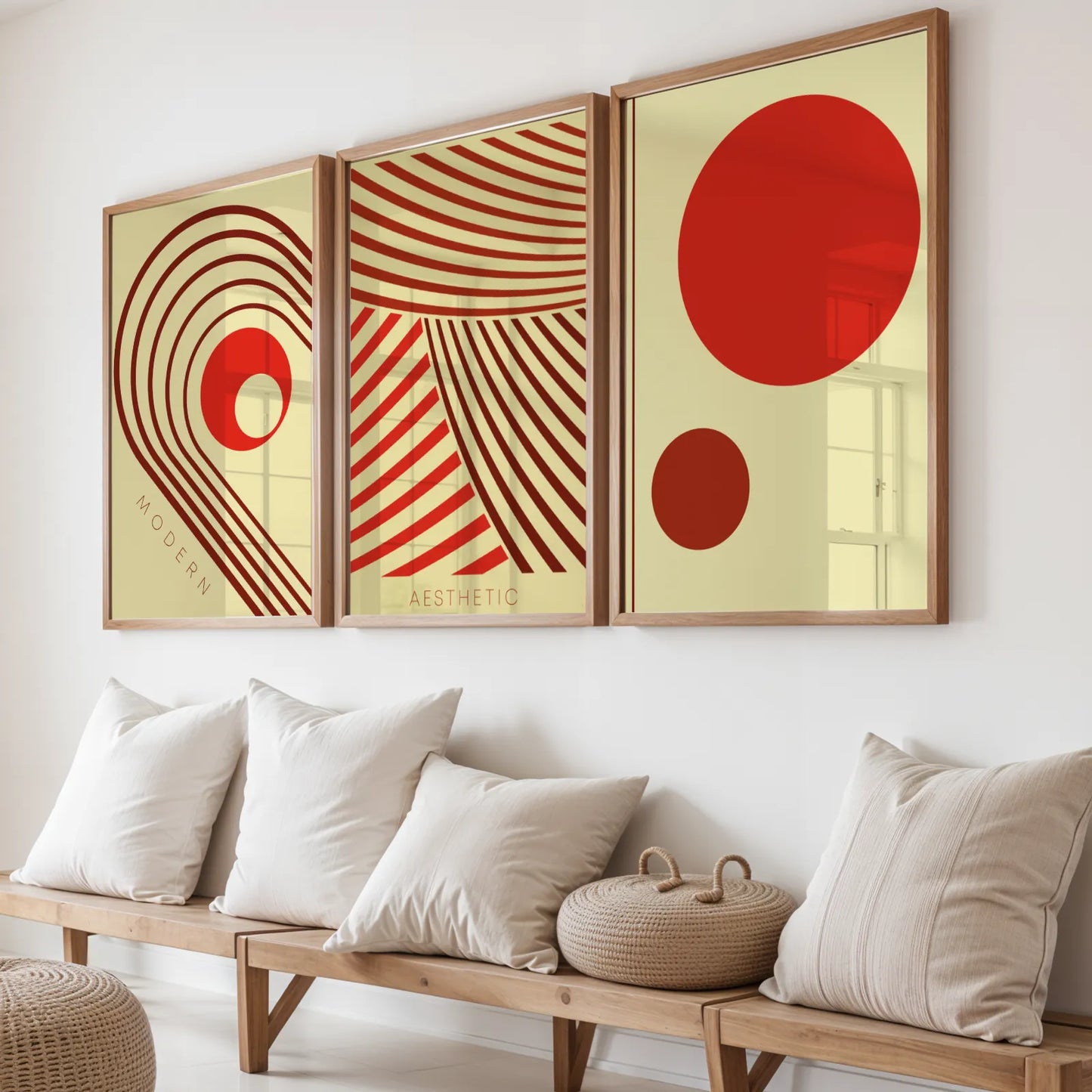 Minimal Pattern II, Set of 3, Modern Abstarct Lines, Bold Red
