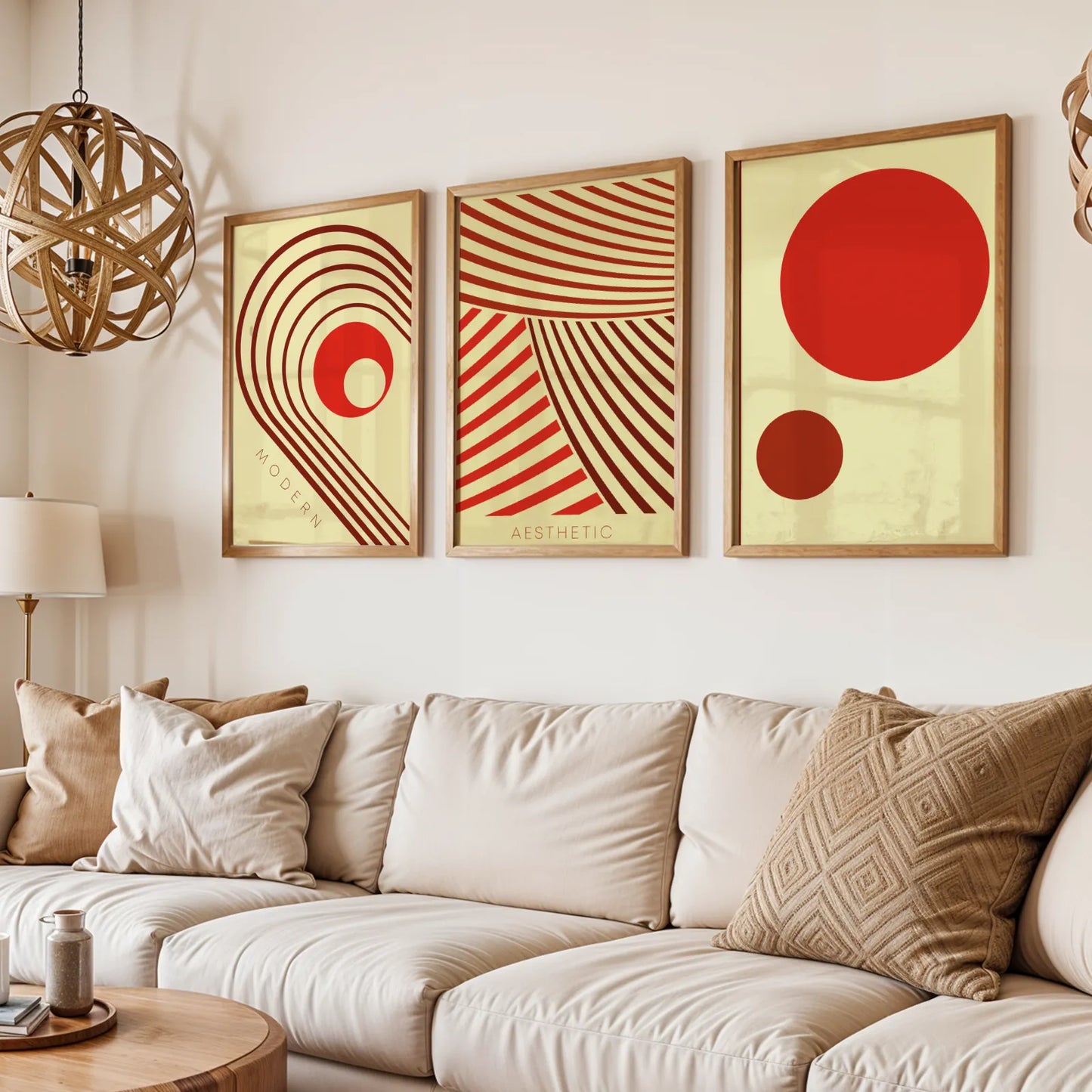 Minimal Pattern II, Set of 3, Modern Abstarct Lines, Bold Red