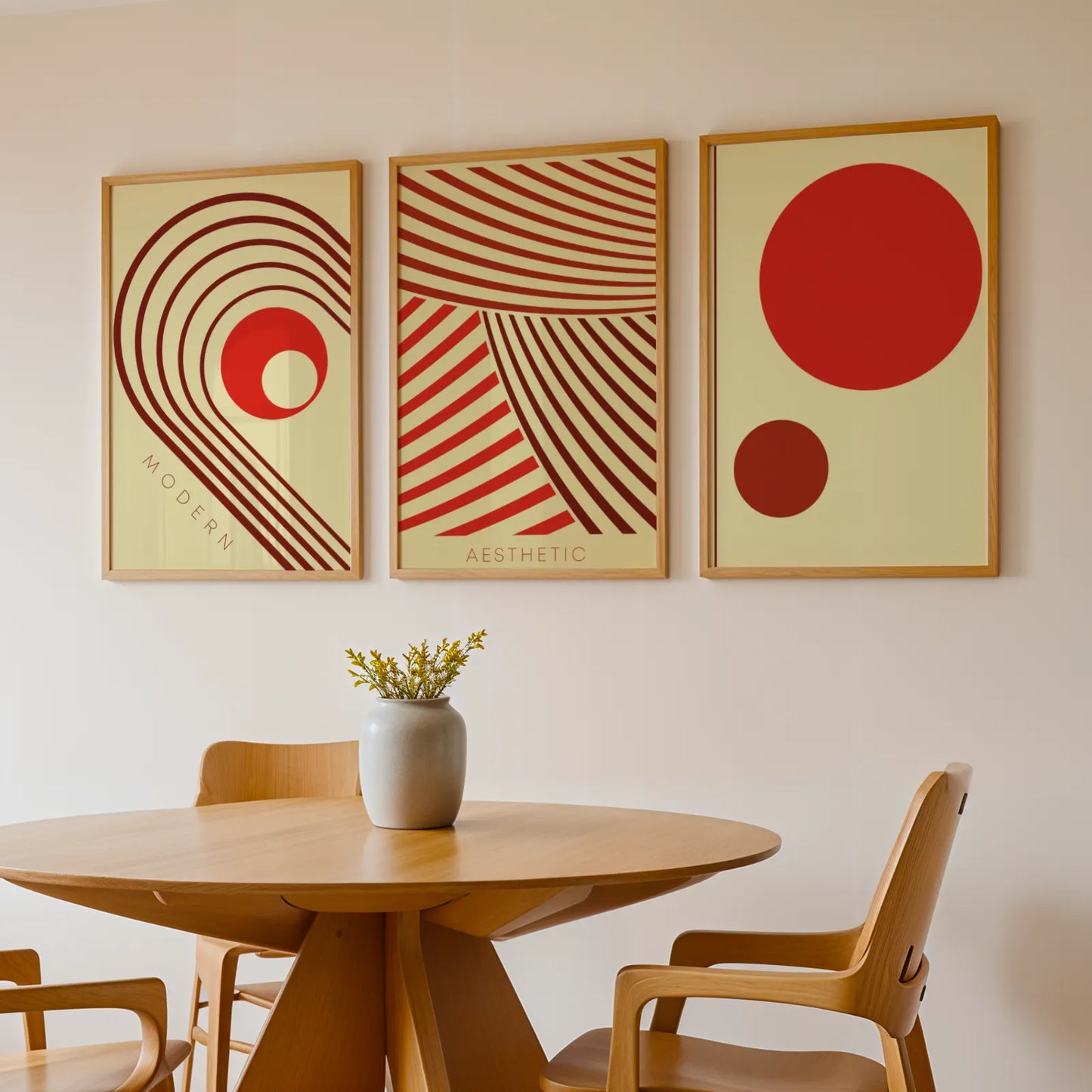 Minimal Pattern II, Set of 3, Modern Abstarct Lines, Bold Red