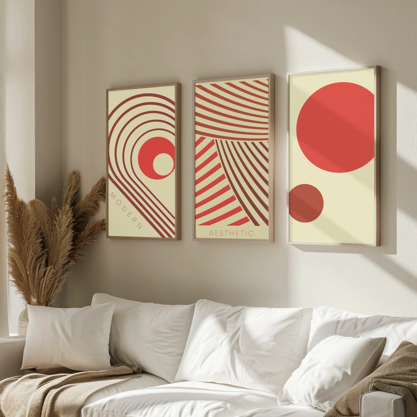 Minimal Pattern II, Set of 3, Modern Abstarct Lines, Bold Red