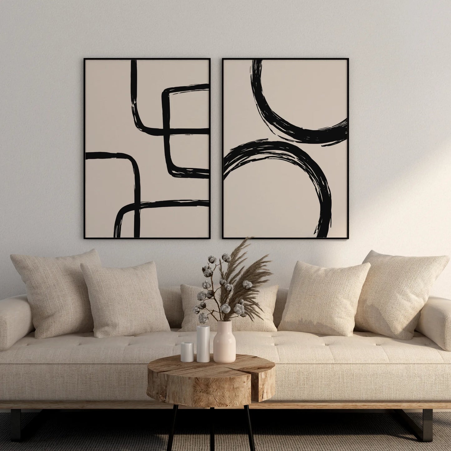 Modern Abstract Lines II, Set of 2, Black & White Mid Century Aesthetic Wall Art