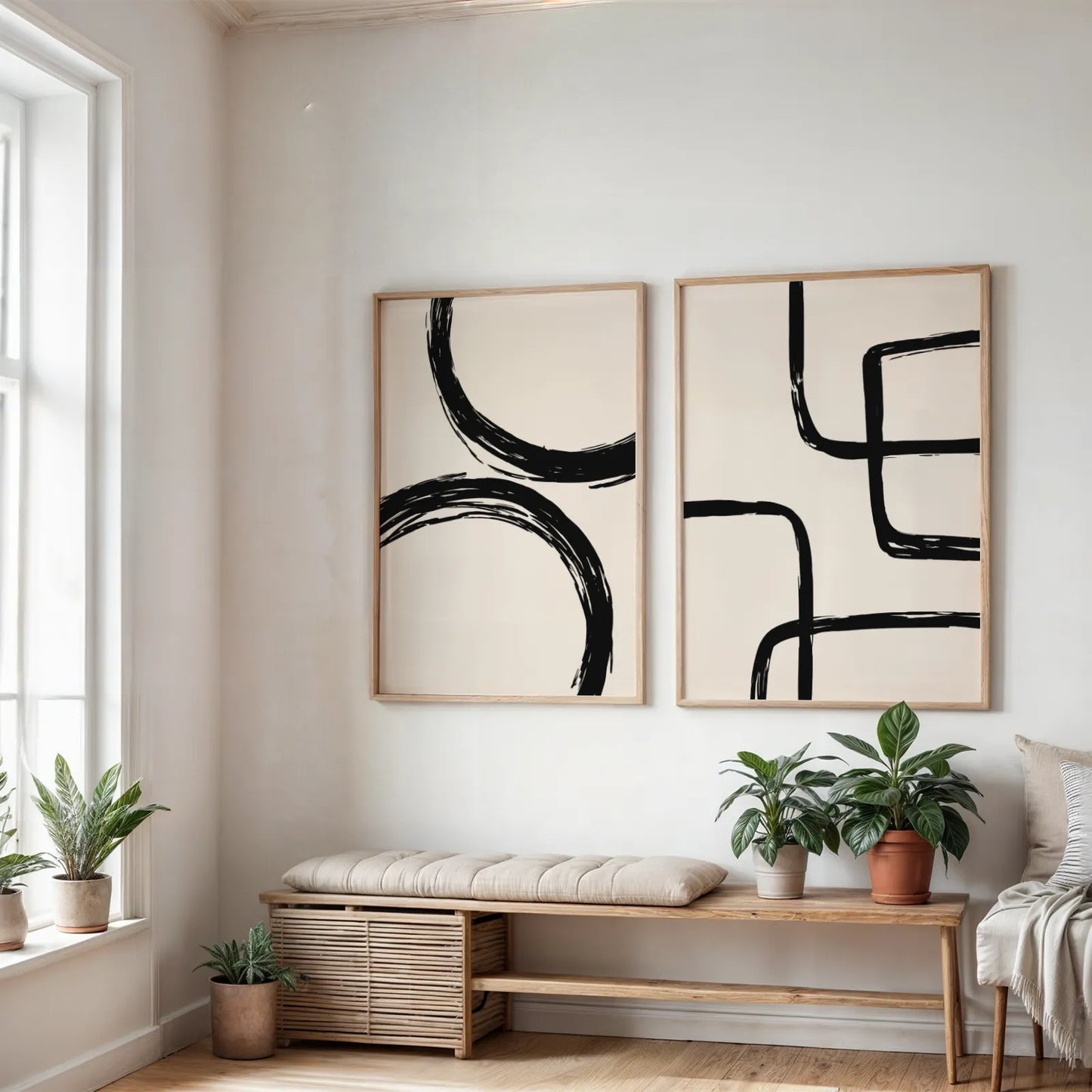 Modern Abstract Lines II, Set of 2, Black & White Mid Century Aesthetic Wall Art