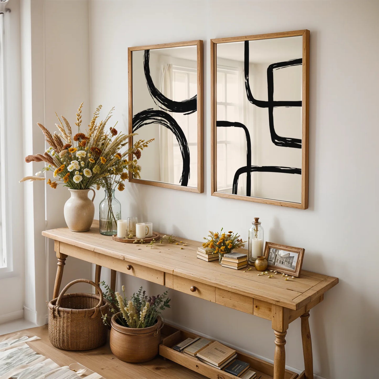 Modern Abstract Lines II, Set of 2, Black & White Mid Century Aesthetic Wall Art