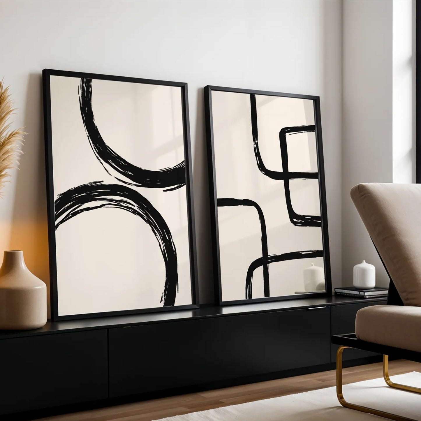Modern Abstract Lines II, Set of 2, Black & White Mid Century Aesthetic Wall Art