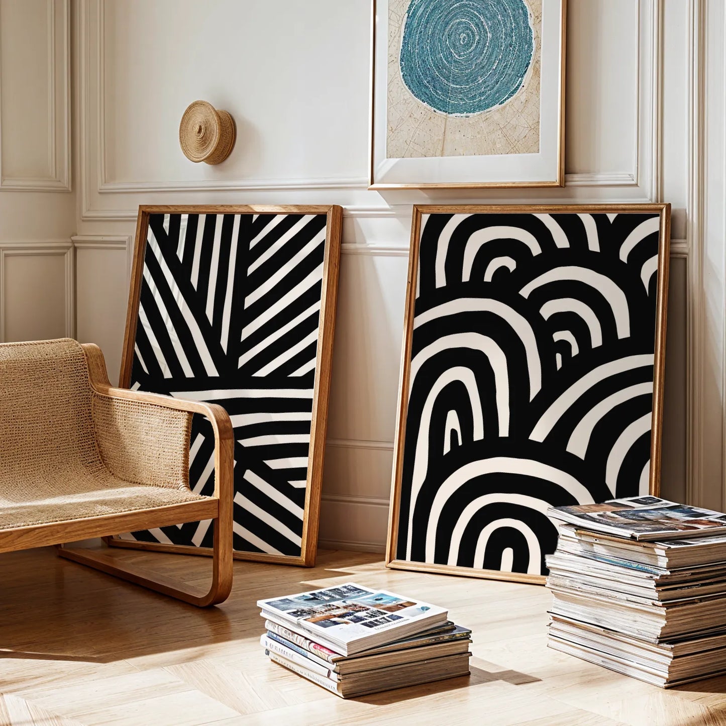 Modern Abstract Lines I, Set of 2, Black & White Mid Century Aesthetic Wall Art