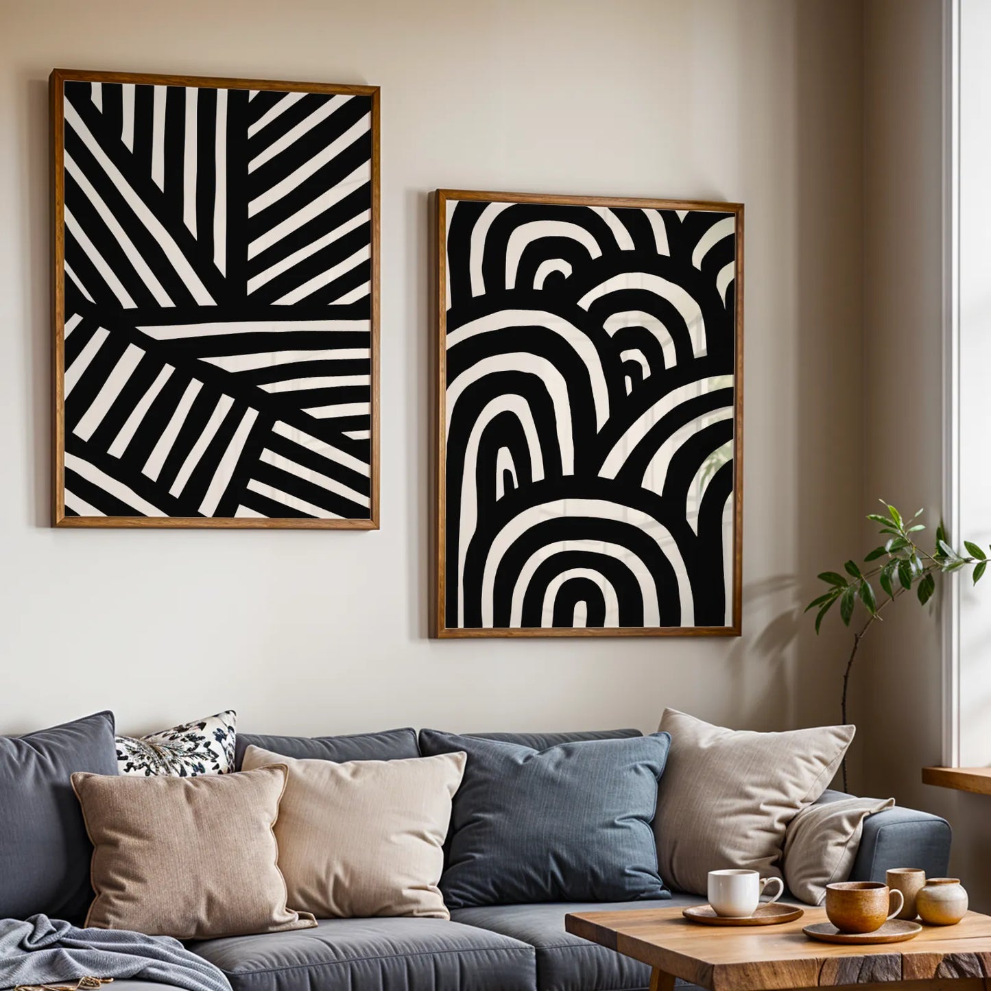 Modern Abstract Lines I, Set of 2, Black & White Mid Century Aesthetic Wall Art