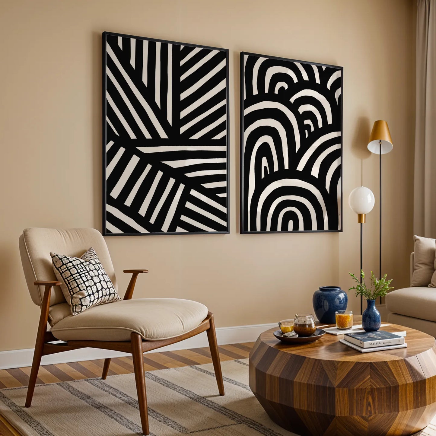 Modern Abstract Lines I, Set of 2, Black & White Mid Century Aesthetic Wall Art