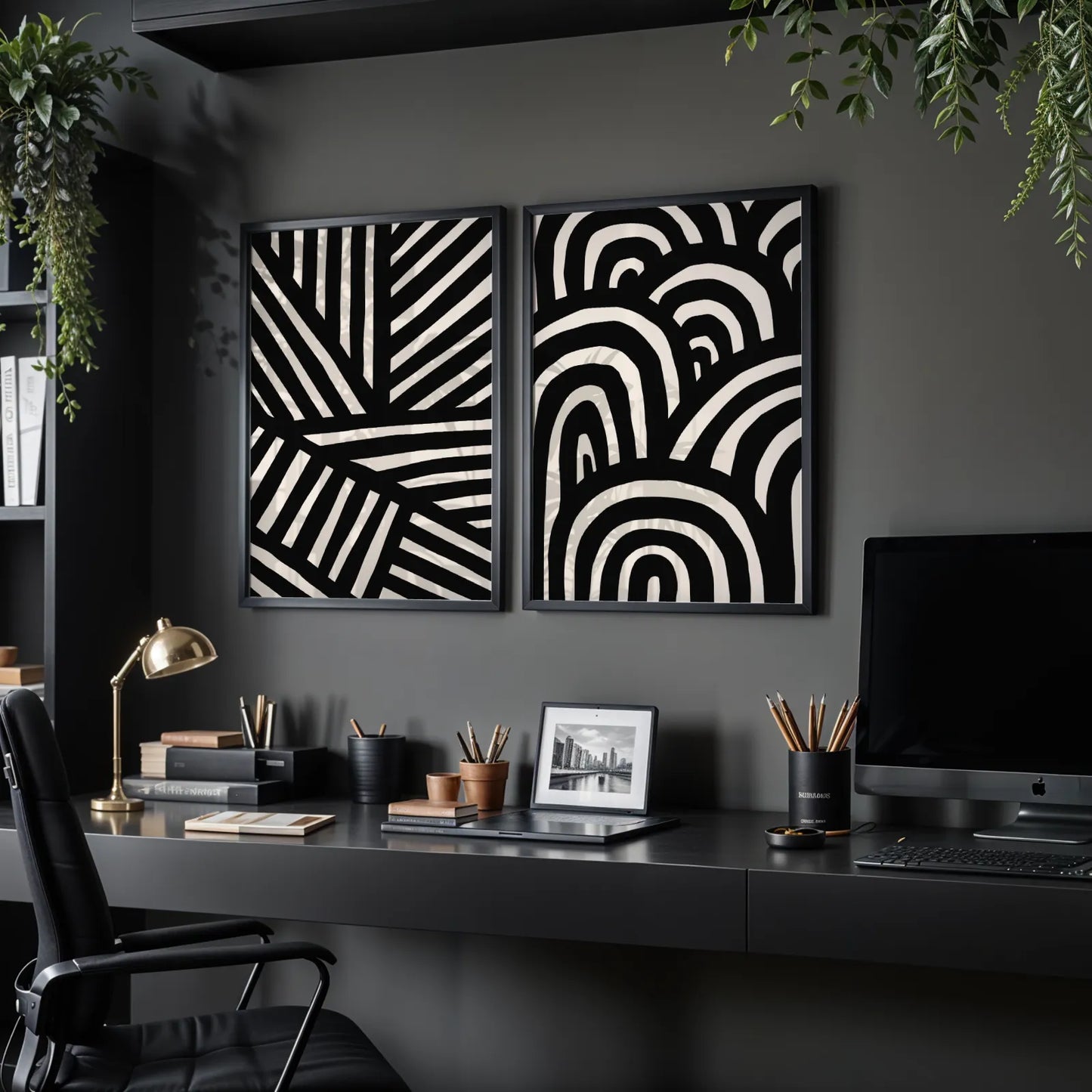 Modern Abstract Lines I, Set of 2, Black & White Mid Century Aesthetic Wall Art