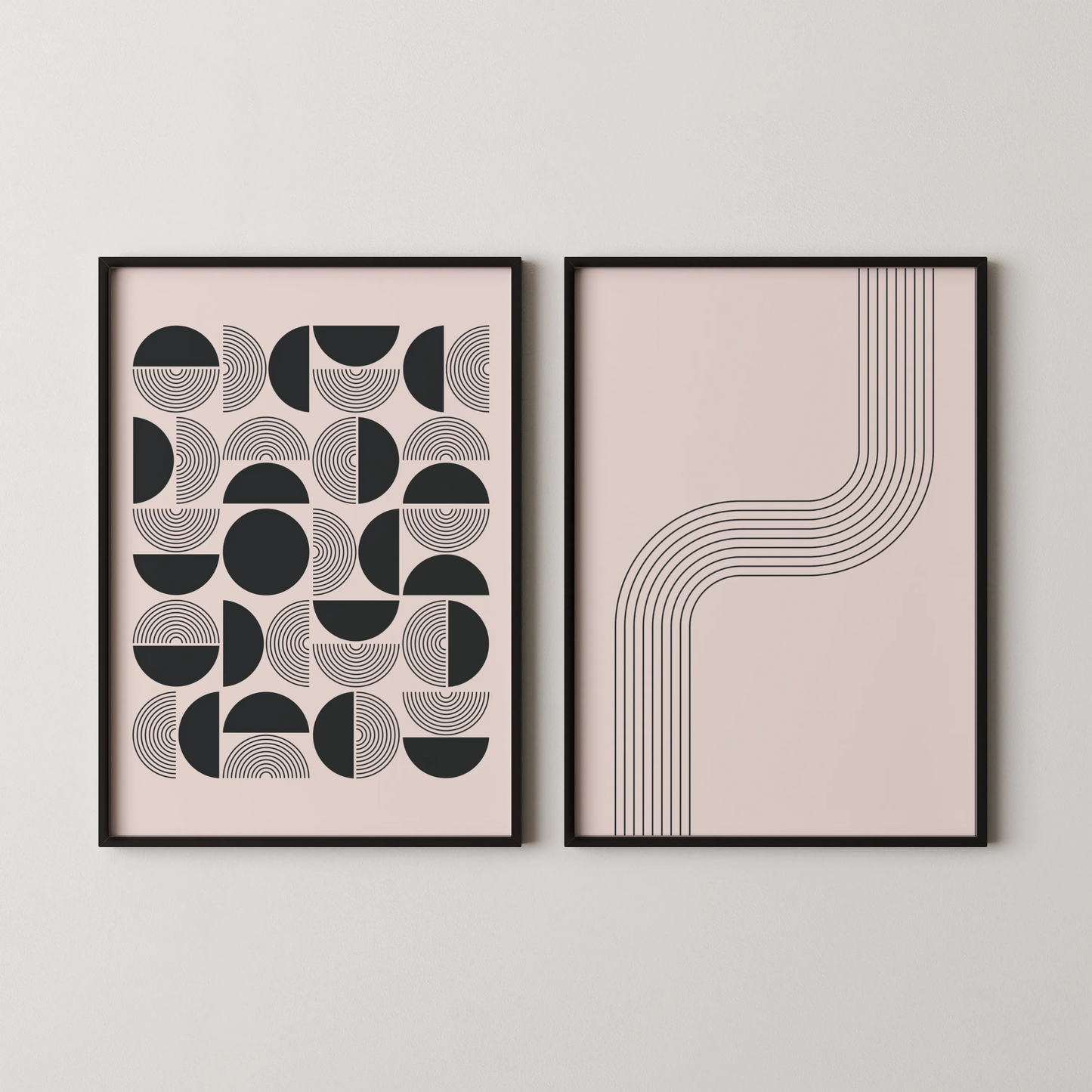 Modern Abstract Lines, Set of 2, Black & White Mid Century Aesthetic Wall Art