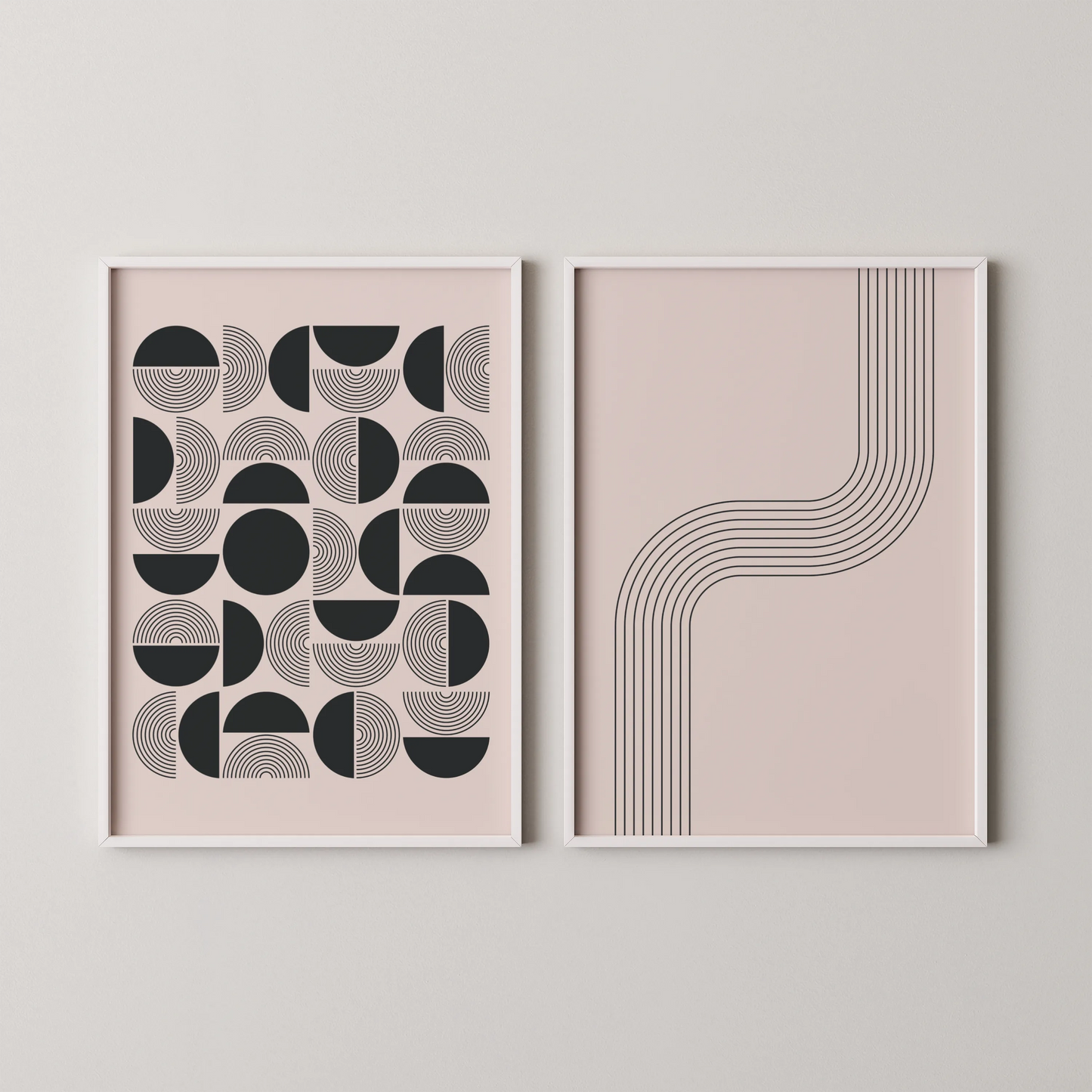 Modern Abstract Lines, Set of 2, Black & White Mid Century Aesthetic Wall Art