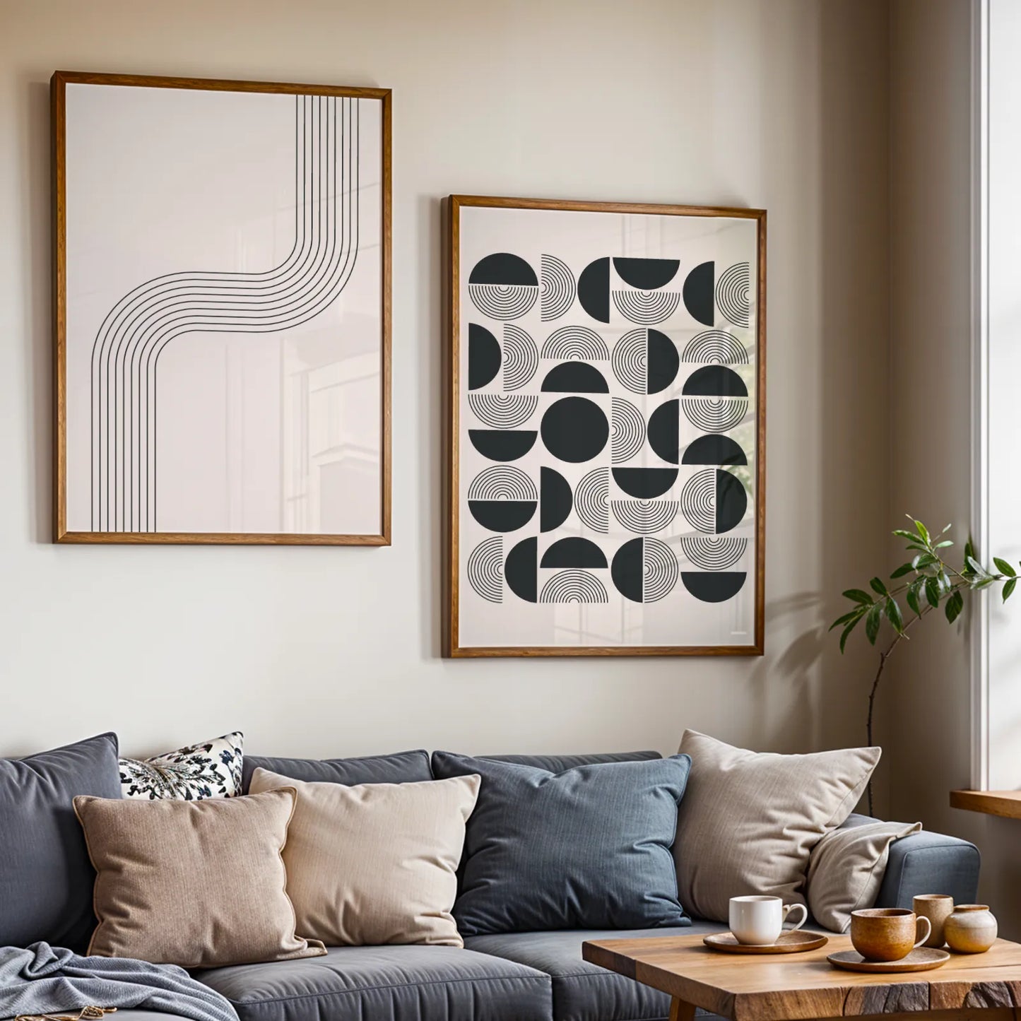 Modern Abstract Lines, Set of 2, Black & White Mid Century Aesthetic Wall Art