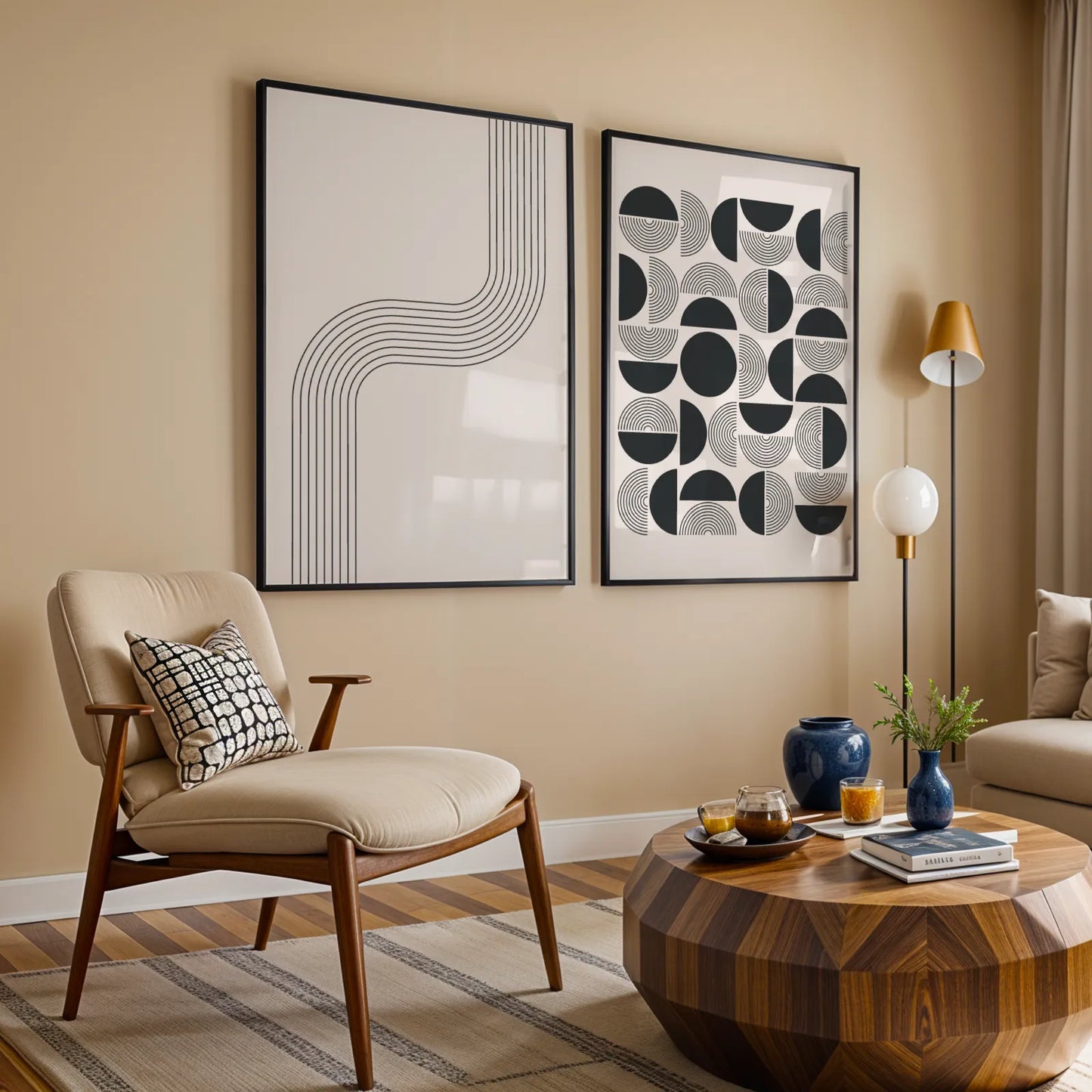 Modern Abstract Lines, Set of 2, Black & White Mid Century Aesthetic Wall Art