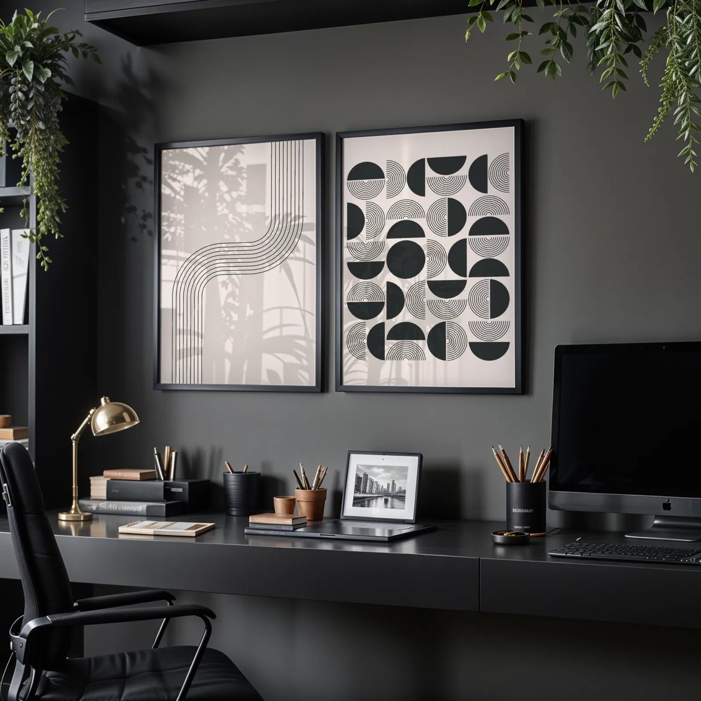 Modern Abstract Lines, Set of 2, Black & White Mid Century Aesthetic Wall Art