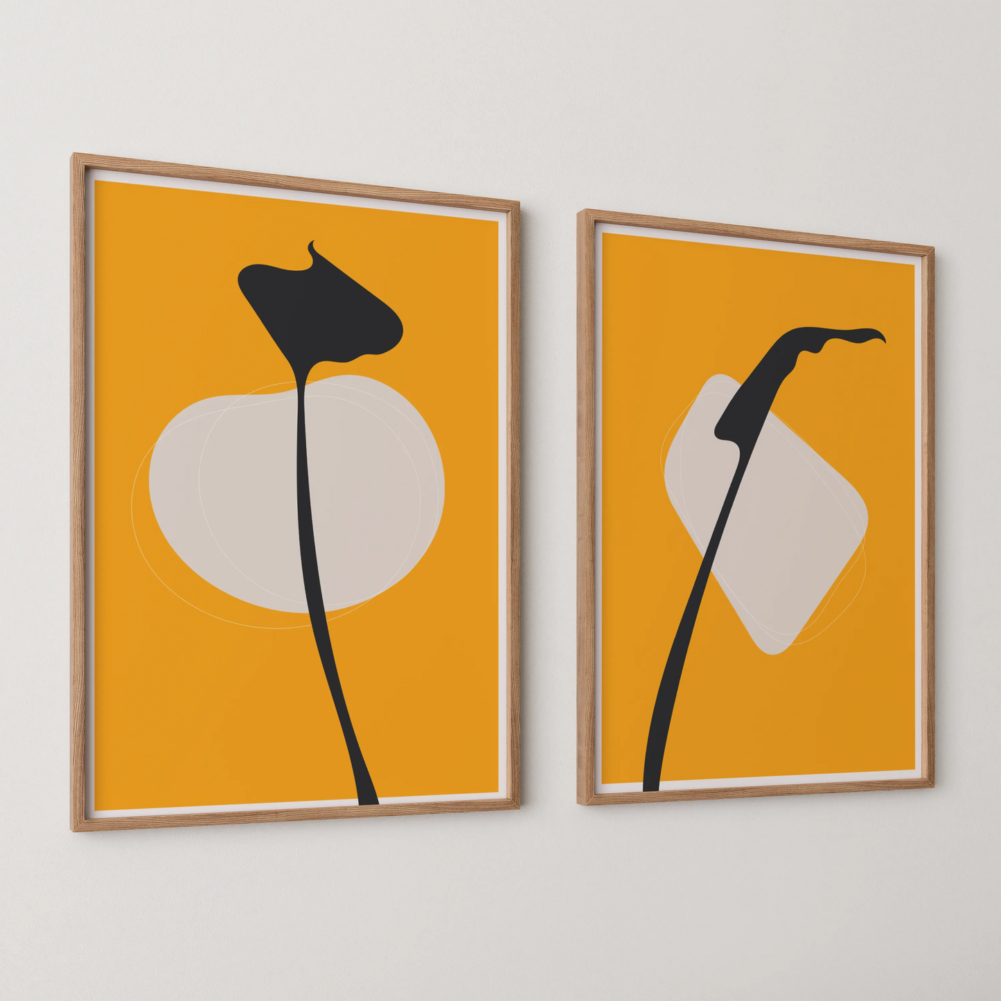 Modern Boheme Leaves, Bold Yellow, Set of 2, Mid Century Aesthetic Wall Art