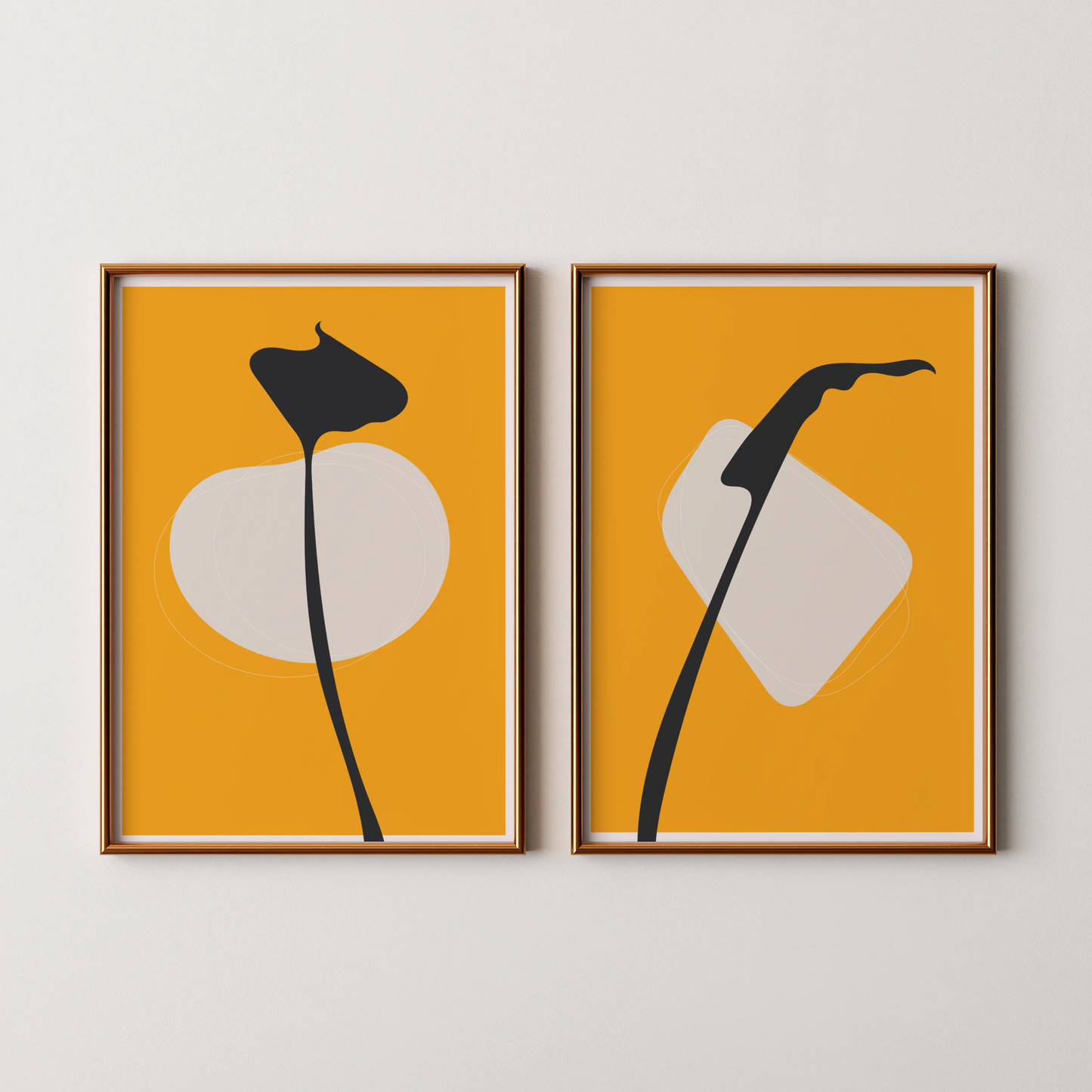 Modern Boheme Leaves, Bold Yellow, Set of 2, Mid Century Aesthetic Wall Art