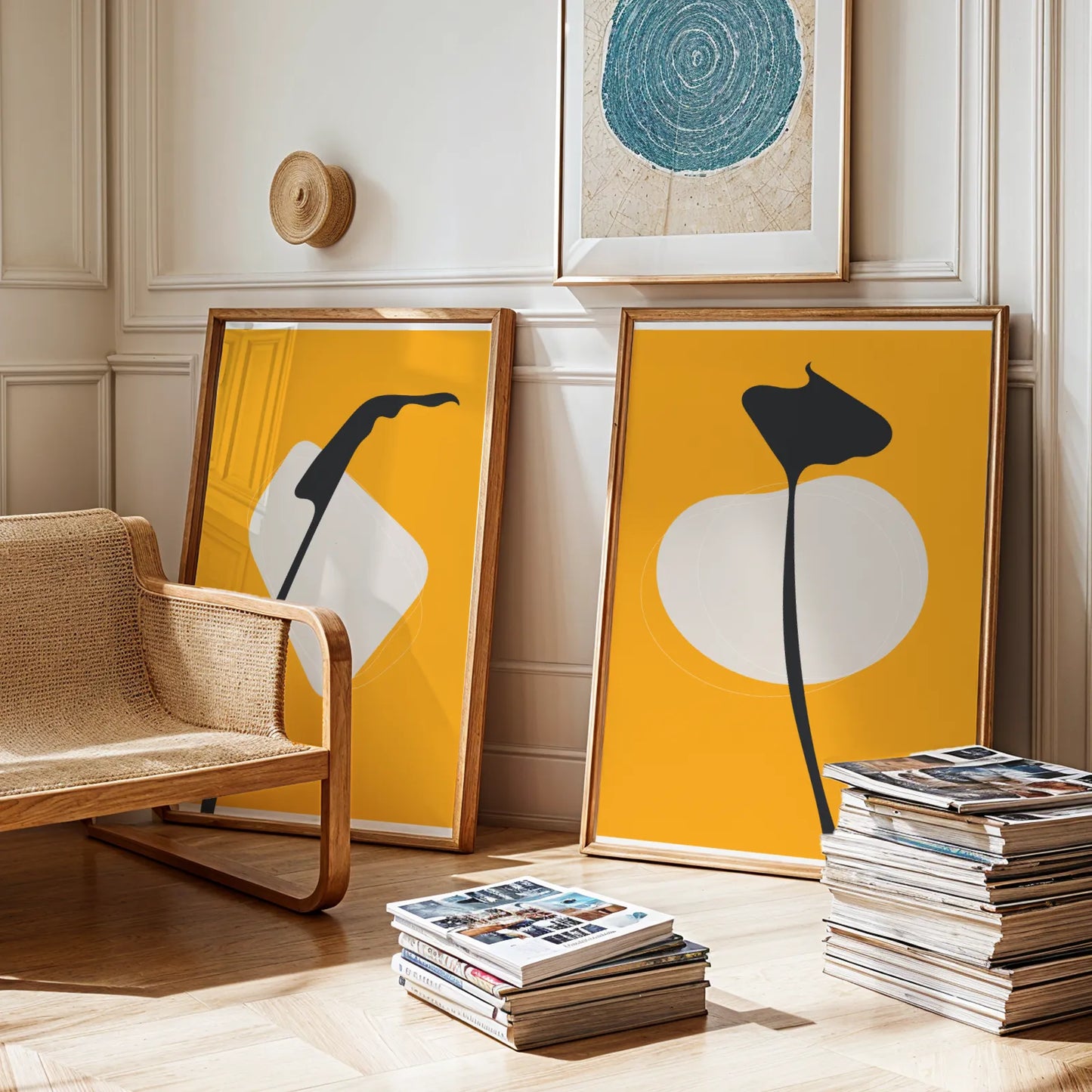 Modern Boheme Leaves, Bold Yellow, Set of 2, Mid Century Aesthetic Wall Art