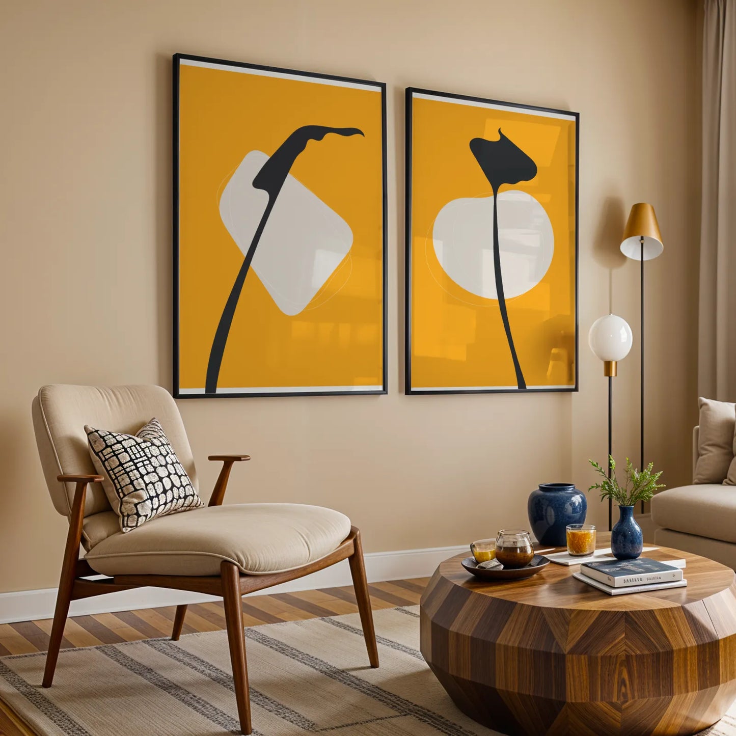 Modern Boheme Leaves, Bold Yellow, Set of 2, Mid Century Aesthetic Wall Art