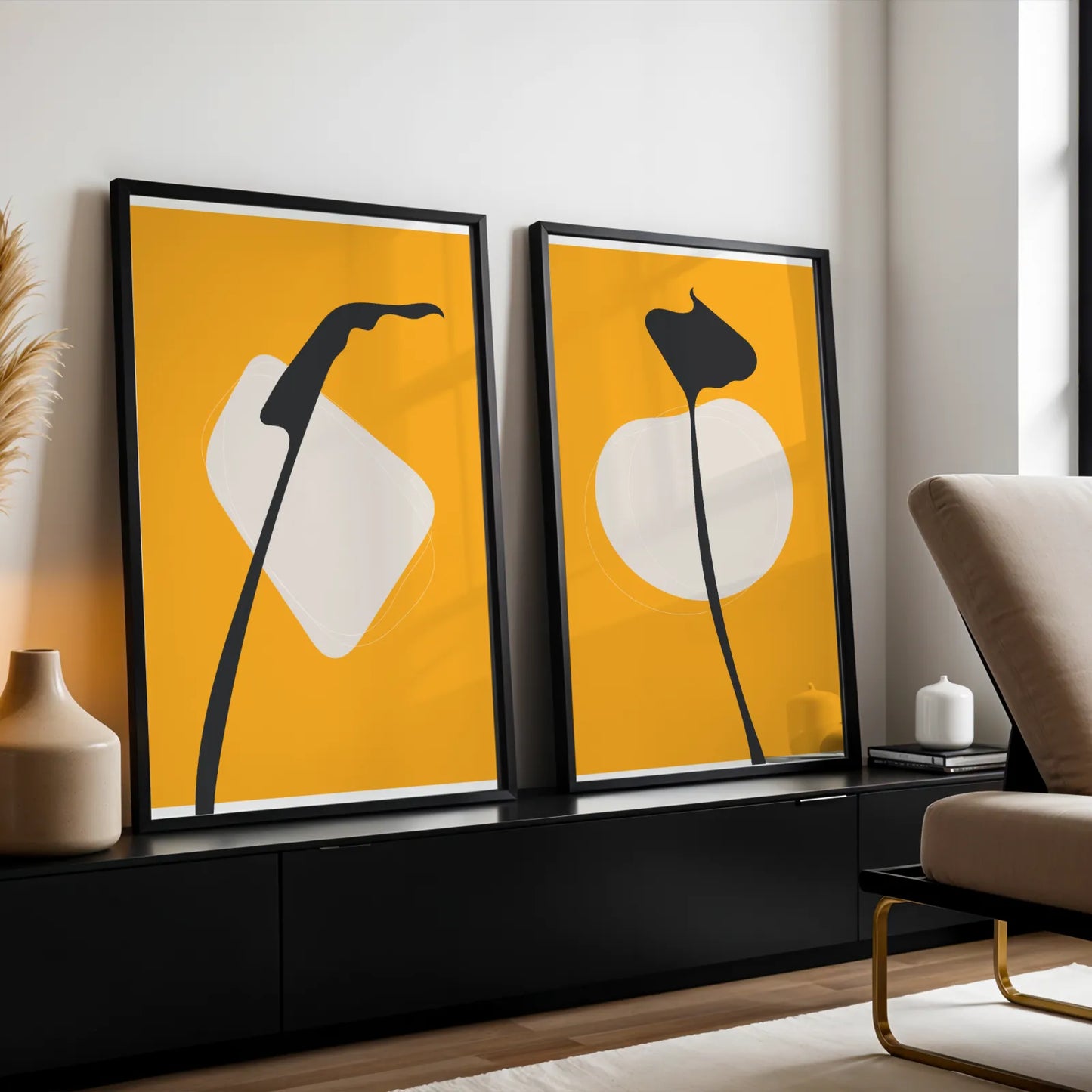 Modern Boheme Leaves, Bold Yellow, Set of 2, Mid Century Aesthetic Wall Art