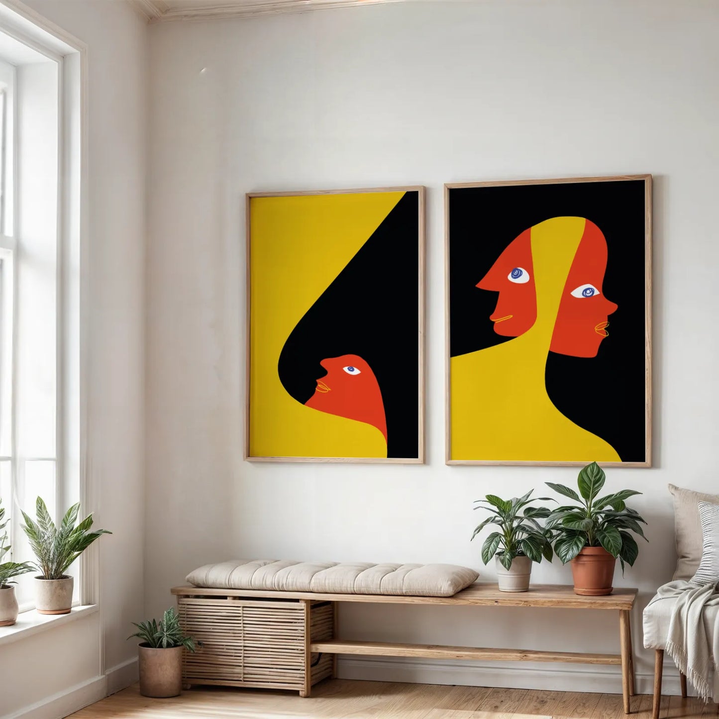 Modern Bold Abstract, Set of 2, Black & Yellow Mid Century Aesthetic Wall Art