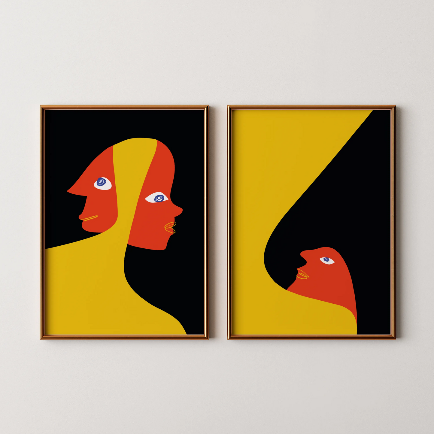 Modern Bold Abstract, Set of 2, Black & Yellow Mid Century Aesthetic Wall Art