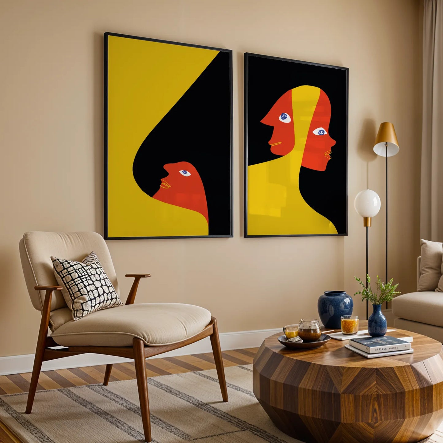 Modern Bold Abstract, Set of 2, Black & Yellow Mid Century Aesthetic Wall Art