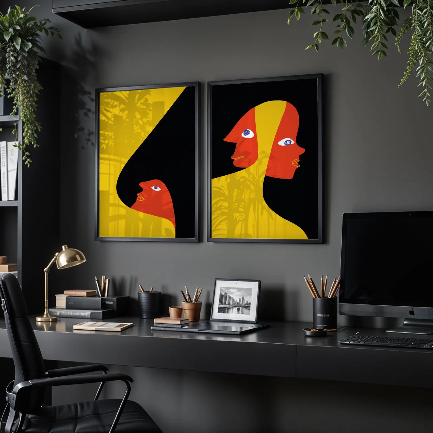 Modern Bold Abstract, Set of 2, Black & Yellow Mid Century Aesthetic Wall Art
