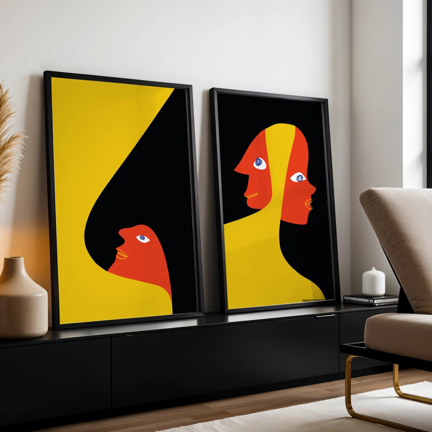Modern Bold Abstract, Set of 2, Black & Yellow Mid Century Aesthetic Wall Art