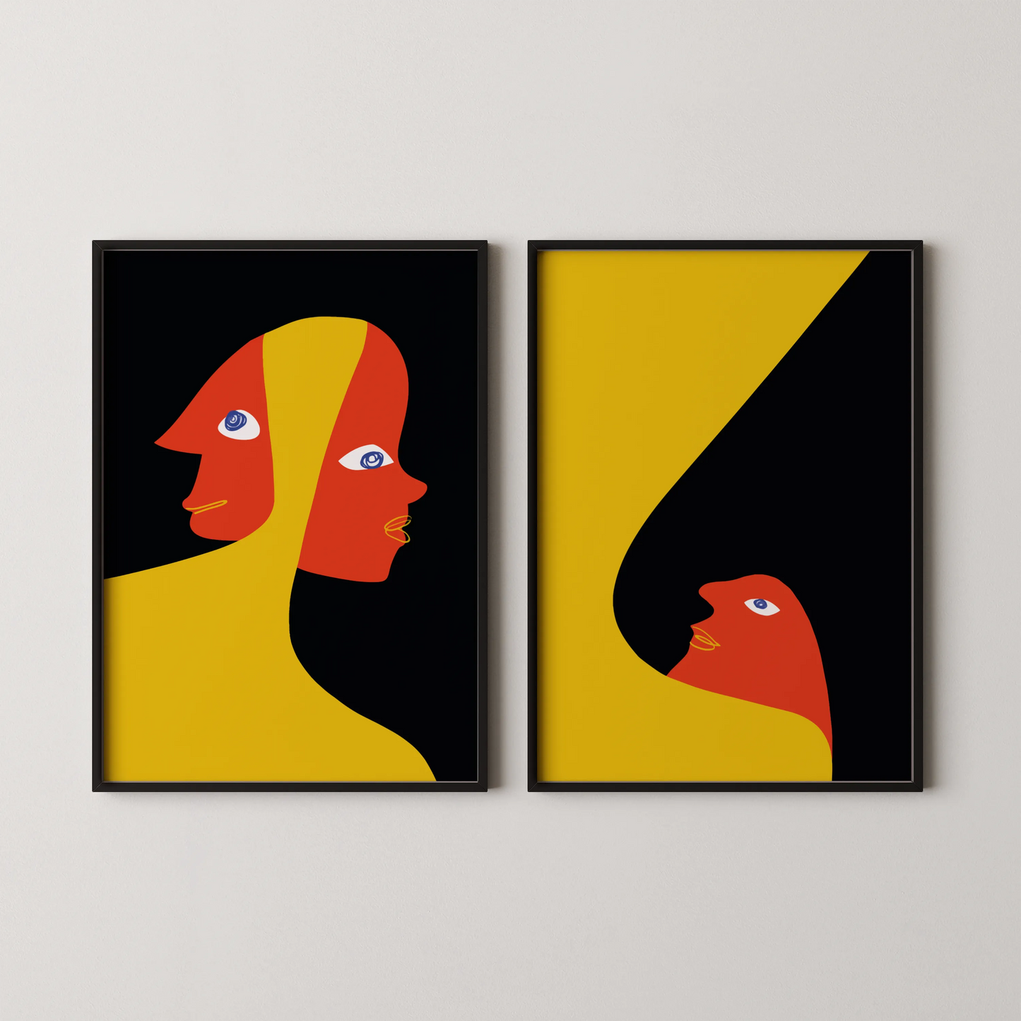 Modern Bold Abstract, Set of 2, Black & Yellow Mid Century Aesthetic Wall Art