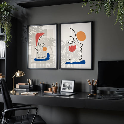 Abstract Line Art, Set of 2, Black & White Mid Century Aesthetic Wall Art