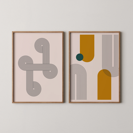 Abstract Lines & Patterns, Set of 2, Black & White Mid Century Aesthetic Wall Art