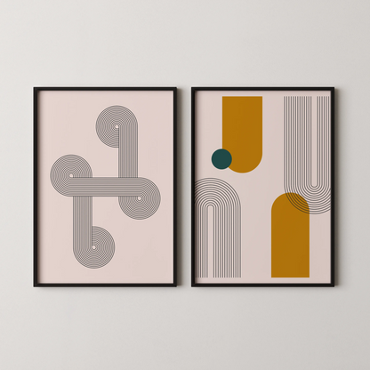 Abstract Lines & Patterns, Set of 2, Black & White Mid Century Aesthetic Wall Art