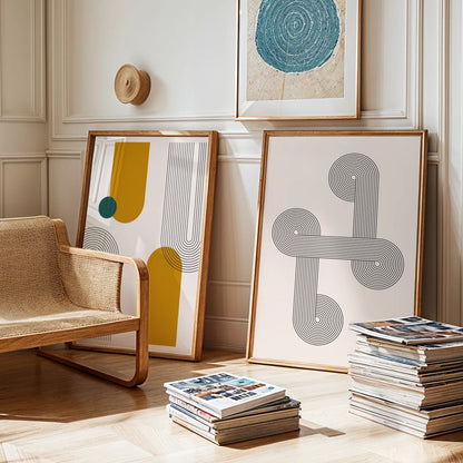 Abstract Lines & Patterns, Set of 2, Black & White Mid Century Aesthetic Wall Art
