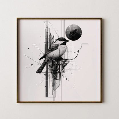 Boho Bird Abstract I, Black & White Mid Century Modern, Boho Art Painting