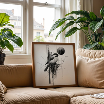 Boho Bird Abstract I, Black & White Mid Century Modern, Boho Art Painting