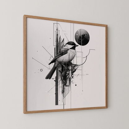 Boho Bird Abstract I, Black & White Mid Century Modern, Boho Art Painting