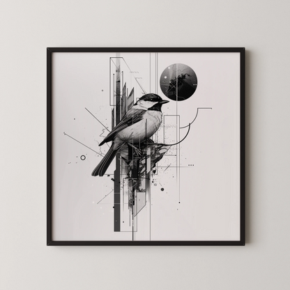 Boho Bird Abstract I, Black & White Mid Century Modern, Boho Art Painting